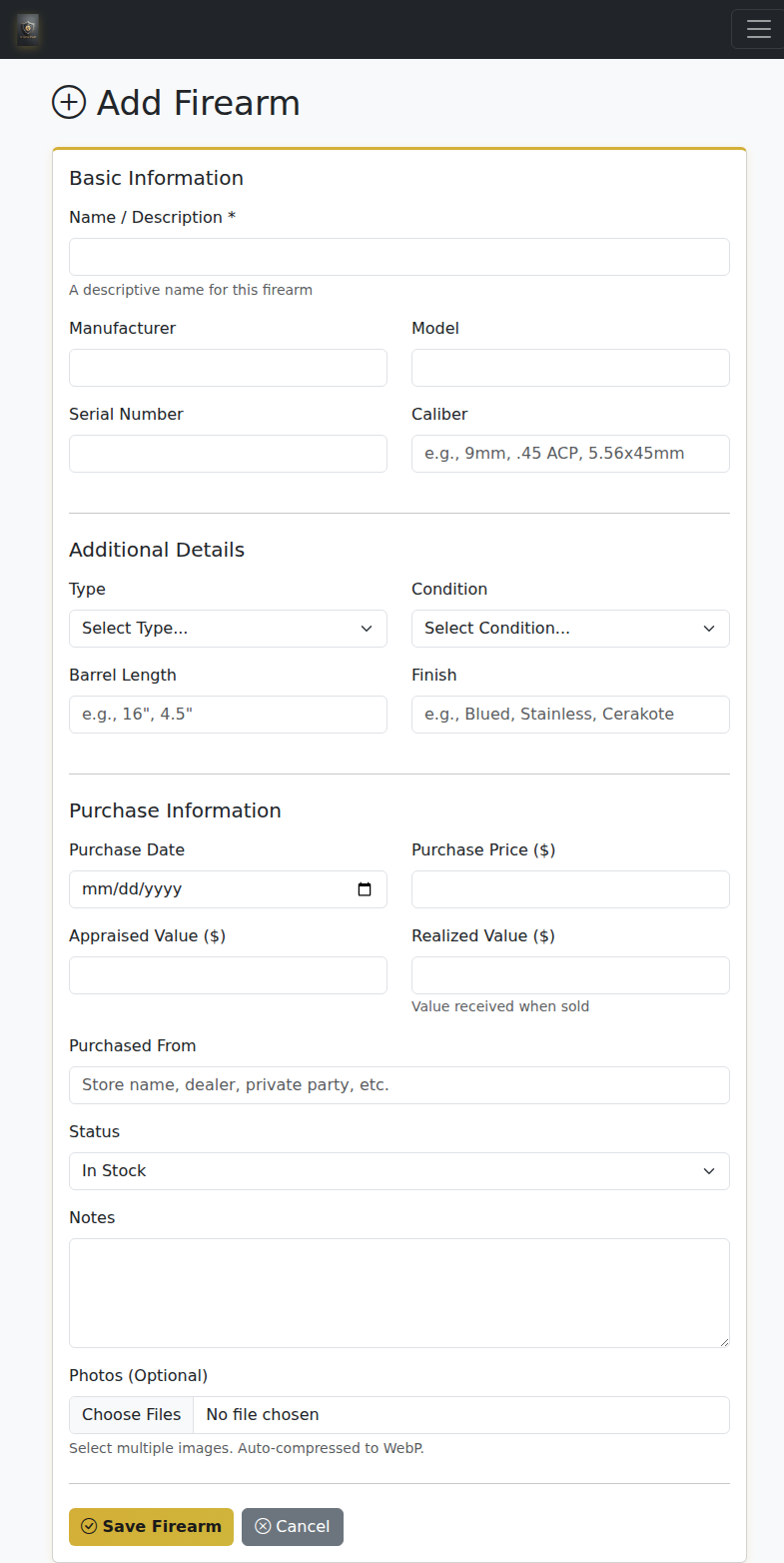 Arsenal Vault add firearm form with fields for make, model, caliber, and serial number