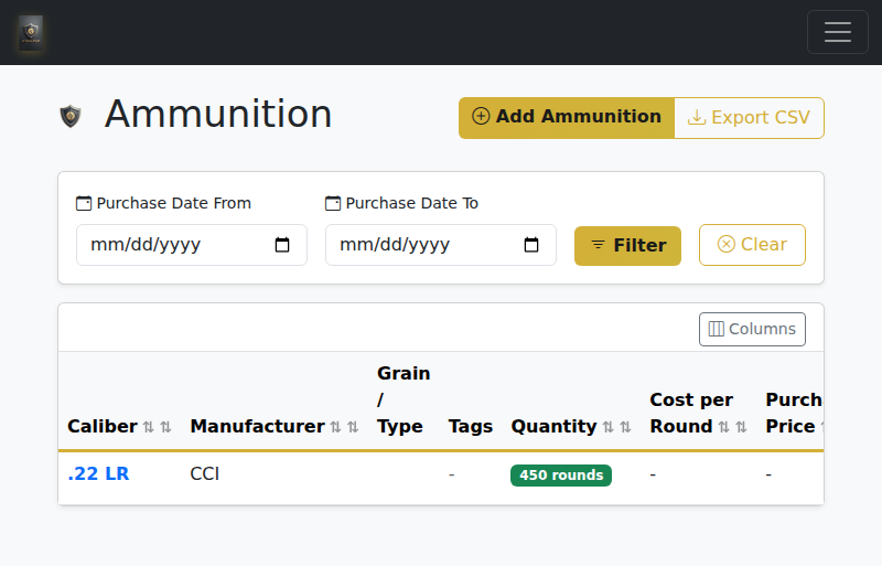 Arsenal Vault ammunition inventory showing calibers and round counts
