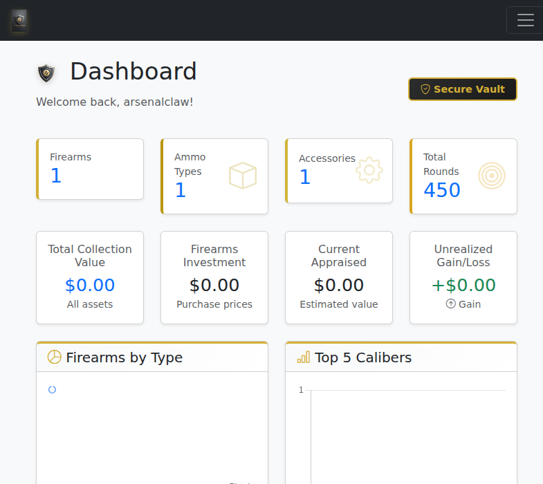 Arsenal Vault firearms inventory dashboard showing collection stats, ammunition tracking, and investment value