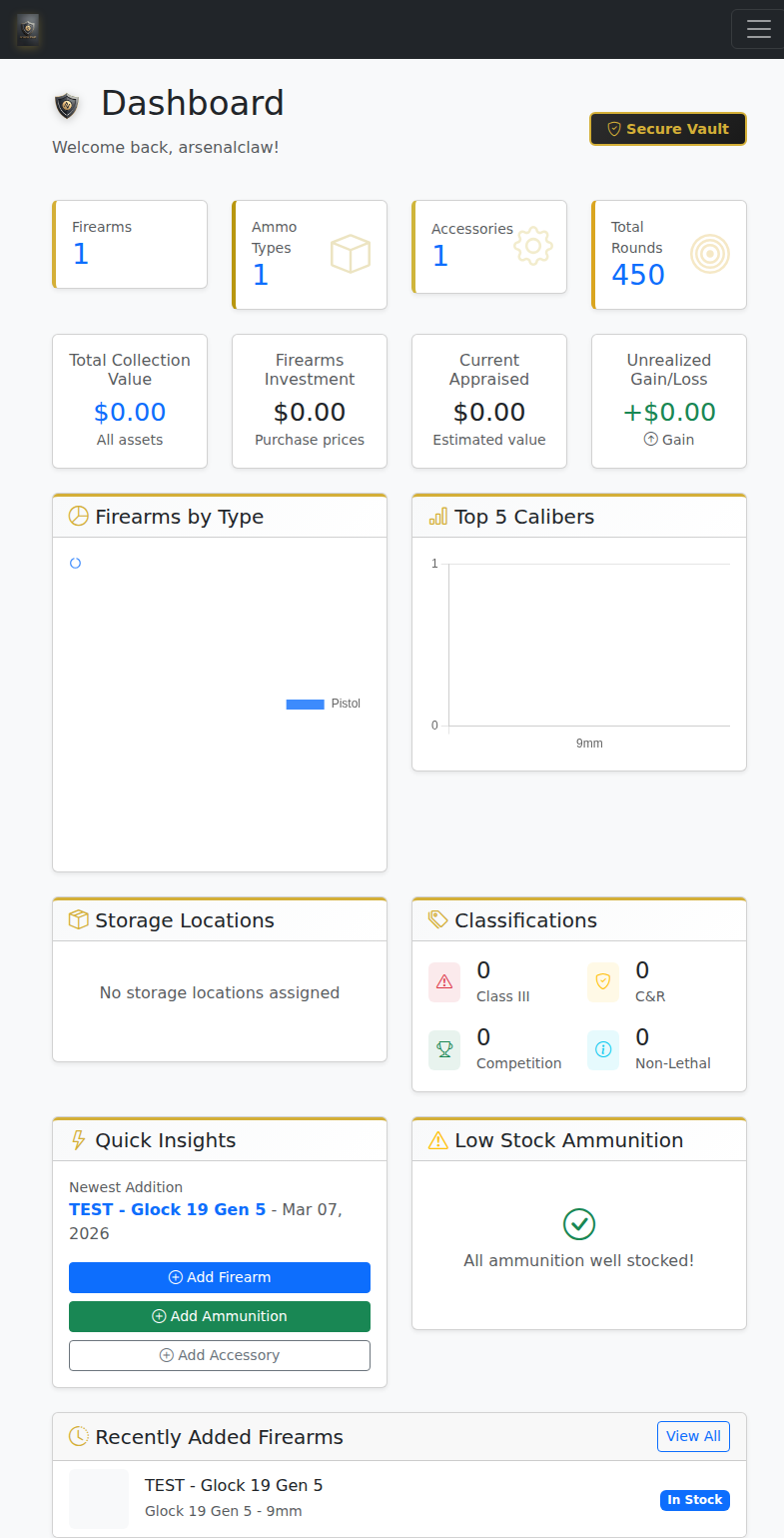 Arsenal Vault dashboard with firearms statistics and collection overview