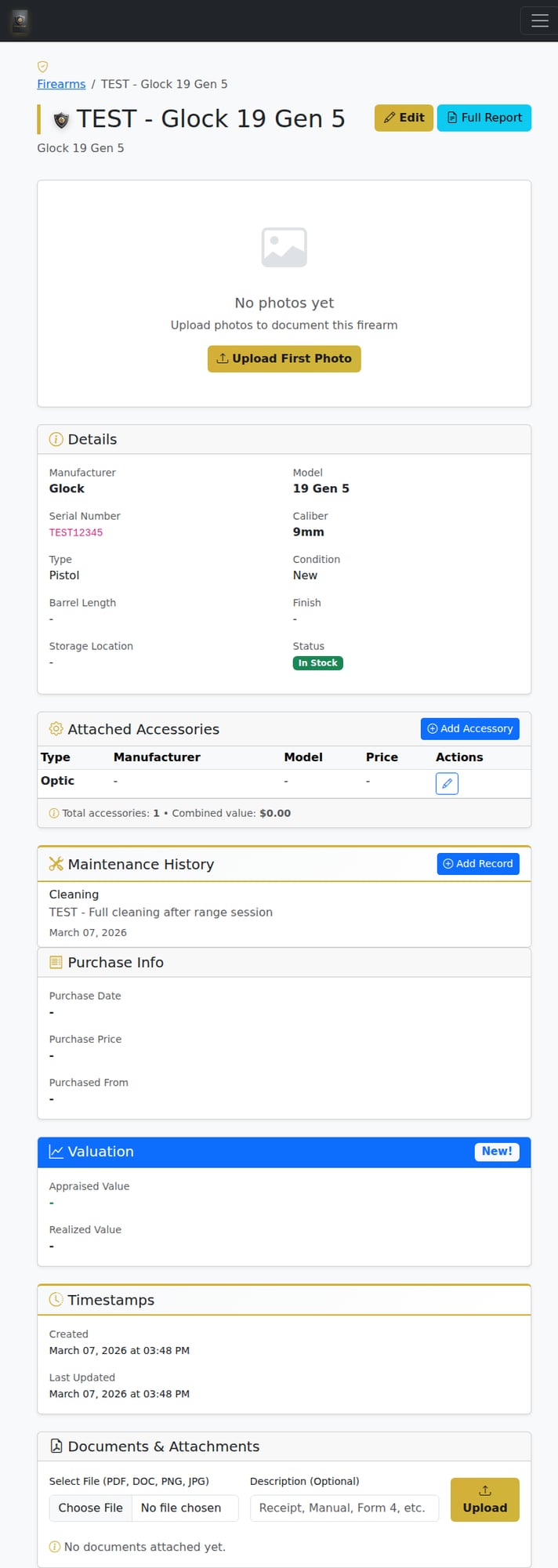 Detailed firearm record showing serial number, maintenance history, and photos